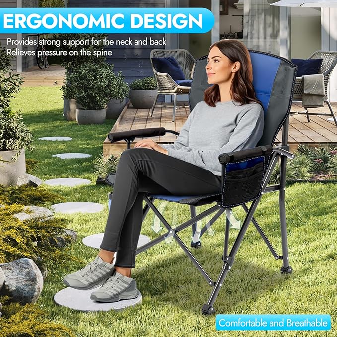 2 Pack Oversized Folding Camping Chair for Adults, Supports 450 LBS Camping Chairs, Heavy Duty Camping Chair with Side Pockets, Foldable Outdoor Chair for Camping, Beach, Fishing, Hiking, Blue-Black