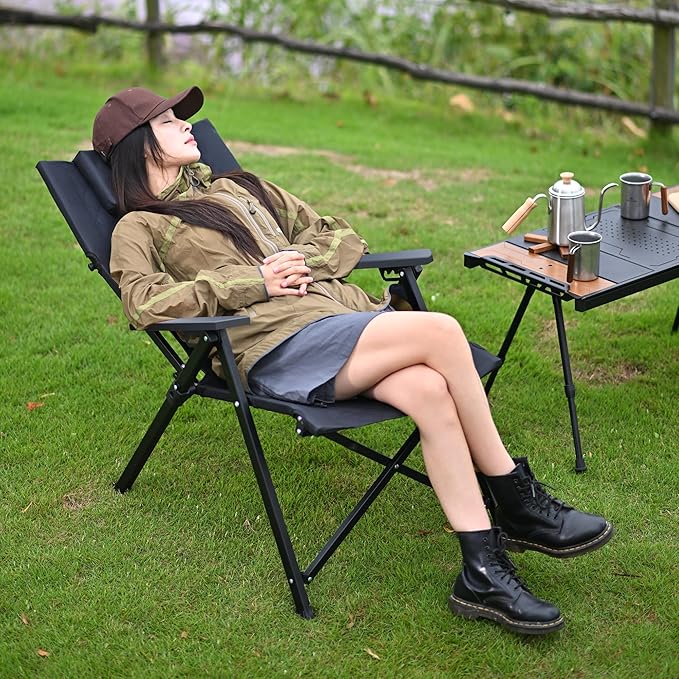 Aluminum Reclining Camping Chair, Heavy Duty Folding Lawn Chairs with 4-Stage Adjustable High Back for Adults, Compact Foldable Outdoor Patio Reclining Chair (Black, 1 Pack)