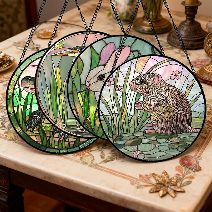 Stained Glass Window Hanging 4 Pcs Set Cute Animal 9.8"- Green Plant Pink Suncatcher Door Garden Sun Catcher Decor Birthday Christmas for Mom Woman Nana Men Friend