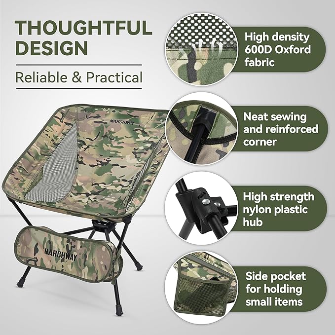 MARCHWAY Lightweight Folding Camping Chair, Portable Foldable Compact for Outdoor Camp, Travel, Beach, Picnic, Festival, Hiking, Backpacking, Supports 330Lbs (Camo)