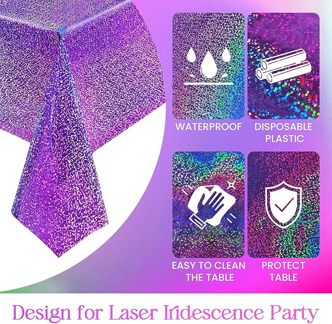 Purple & Blue & Fuchsia Red Holographic Tablecloth 40" x 108" Party Decoration Valentine's Day Birthday Party Table Decor Iridescence Plastic Table Cloth for Halloween Bachelorette Supplies
