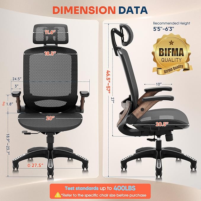 GABRYLLY Ergonomic Office Chair, High Back Home Desk Chair with Headrest, Flip-Up Arms, 90-120° Tilt Lock and Wide Cushion, Big and Tall Mesh Chairs for Man Woman, Black Task Chair(Dark Woodgrain)