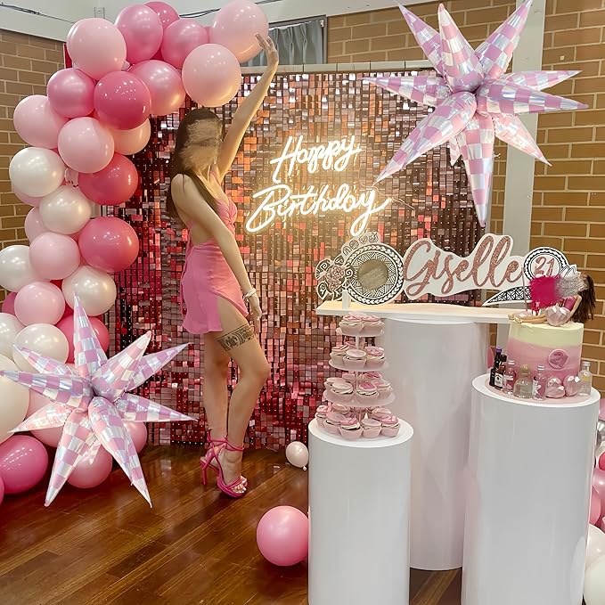 2 * 12Pcs Pink Silver Holographic Checkered Explosion Star Foil Balloons/Iridescent Balloons for Y3K Girl, KPOP Idol Demon Hunters Singer Party/Tayl Popular Singer Concert Birthday(2Pcs Pink Laser)