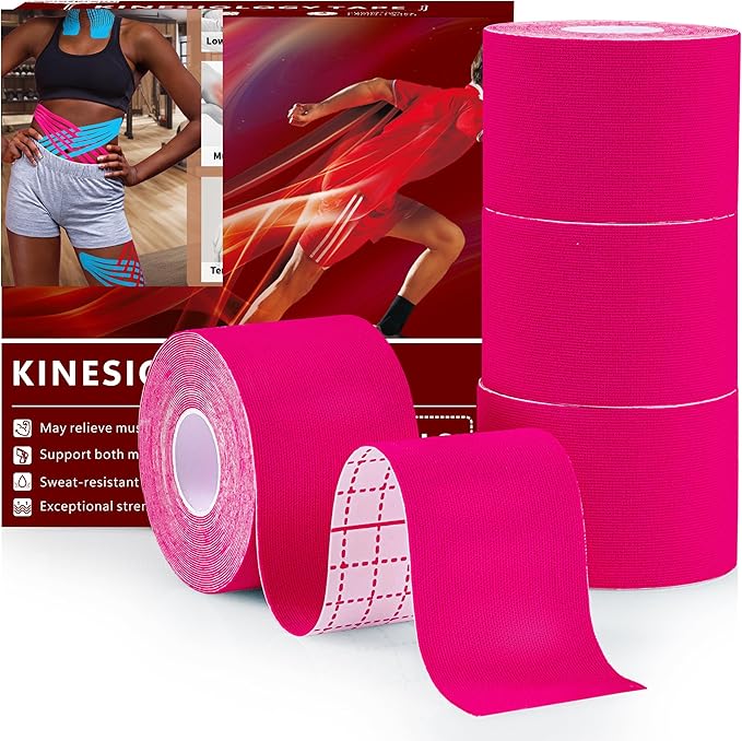 Goldsprout Kinesiology Tape (4 Rolls Pack),Waterproof Athletic Tape for Pain Relief,Brace & Elastic Supports Tapes for Ankle Wrists Knees Joints,2 Inches Wide x 16.4 Feet Long (Pink)