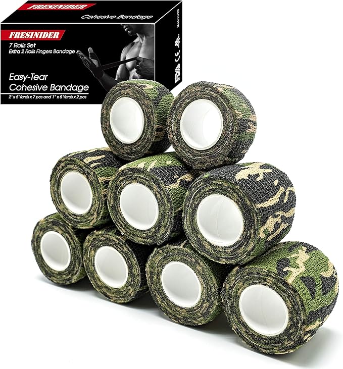 FRESINIDER 9 Rolls Self Adhesive Wrap Athletic Tape Gauze, Breathable Elastic Cohesive Bandage for Sports Injury & Pet (7 Pcs 2" x 5 Yards + 2 Pcs 1" X 5 Yards) (Woodland Camo)
