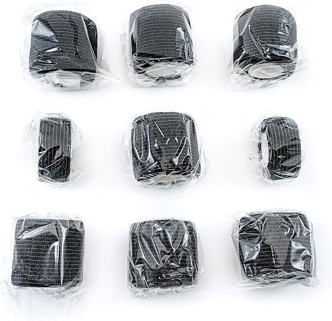 FRESINIDER 9 Rolls Self Adhesive Wrap Athletic Tape Gauze, Breathable Elastic Cohesive Bandage for Sports Injury & Pet (7 Pcs 2" x 5 Yards + 2 Pcs 1" X 5 Yards) (Black)