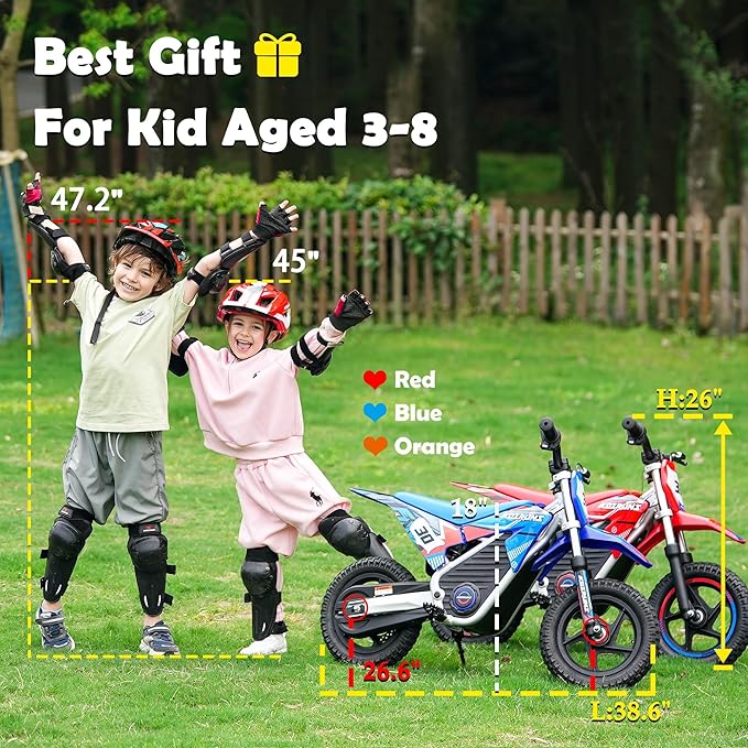 Racing Grade Electric Dirt Bike for Kids, Peak 400W Powerful Motorcycle for Ages 3-6, 36V 5.2Ah Lithium Battery, Dual Shock Absorption, 3 Speed Modes, Safe Disc Brake, 12Inch Off Road Tires, Blue
