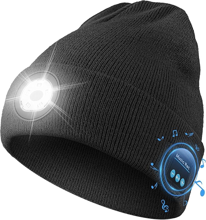 Bluetooth Beanie with Light, HD Stereo Sound, USB Rechargeable Headlamp for Hiking Fishing, Gift for Men Women Teen
