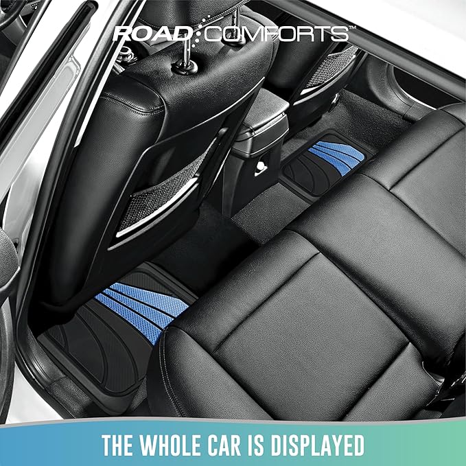 Road Comforts Car Floor Mats Full Set – Front & Rear Car Floor Mats with Aluminum Design, Anti-Slip Backing, All-Weather Protection, Trim-to-Fit Car Mats for Most Sedans, SUVs & Vans - - Blue