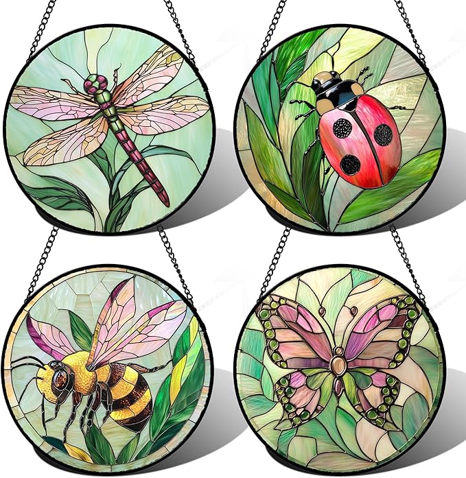 Stained Glass Window Hanging 4 Pcs Set Pink Green Insect Theme 7.8" - Butterfly Suncatcher Door Garden Sun Catcher Decor Birthday Christmas for Mom Woman Nana Men