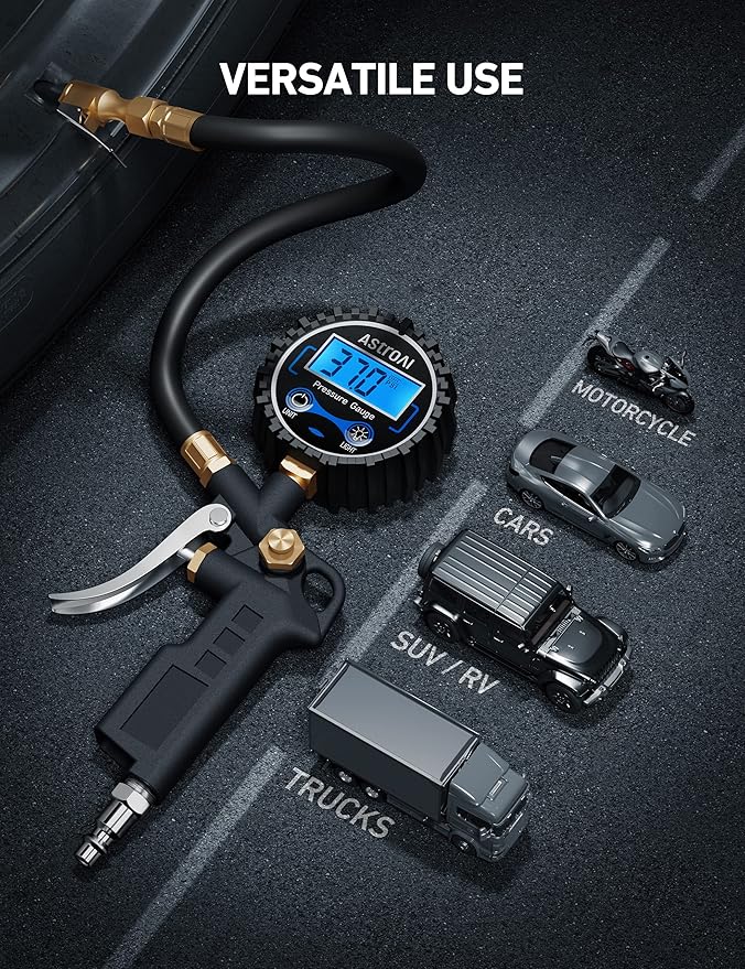 AstroAI Digital Tire Pressure Gauge with Inflator, 250 PSI Air Chuck & Compressor Accessories Heavy Duty with Quick Connect Coupler, 0.1 Display Resolution, Car Accessories, 2pack