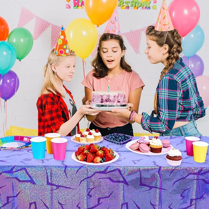 3PCS Demon Hunters Birthday Tablecloth Decorations, Purple Demon Energy Pattern Grad 9FT Tablecover Sparkling Holographic Laser Korean Idol Movie Decor for Kids’Party Birthday Graduation Bachelor