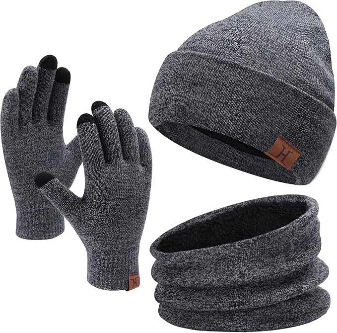 Winter Beanie Hat Scarf Touchscreen Gloves Set for Men and Women, Beanie Gloves Neck Warmer Set with Warm Knit Fleece Lined