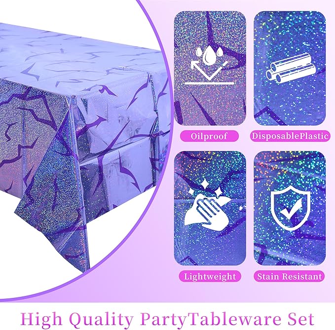 3PCS Demon Hunters Birthday Tablecloth Decorations, Purple Demon Energy Pattern Grad 9FT Tablecover Sparkling Holographic Laser Korean Idol Movie Decor for Kids’Party Birthday Graduation Bachelor