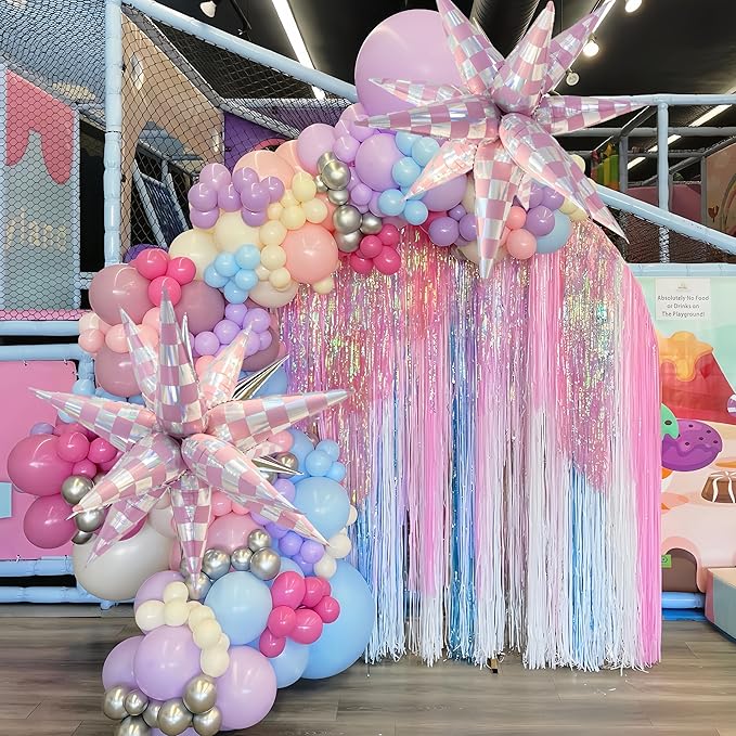 2 * 12Pcs Pink Silver Holographic Checkered Explosion Star Foil Balloons/Iridescent Balloons for Y3K Girl, KPOP Idol Demon Hunters Singer Party/Tayl Popular Singer Concert Birthday(2Pcs Pink Laser)