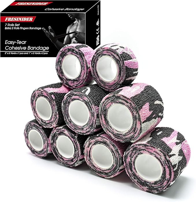 FRESINIDER 9 Rolls Self Adhesive Wrap Athletic Tape Gauze, Breathable Elastic Cohesive Bandage for Sports Injury & Pet (7 Pcs 2" x 5 Yards + 2 Pcs 1" X 5 Yards) (Camouflage Pink)