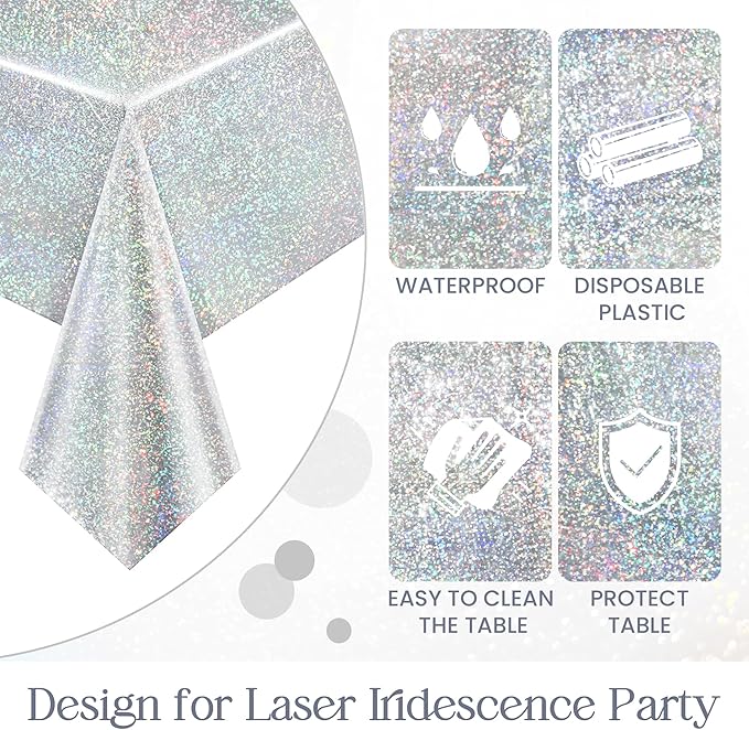 Just Shimmer Sparkling Holographic Laser Tablecloth - Shimmering, Waterproof, Easy to Clean - Ideal for Bachelorette, Birthday, Wedding, and Anniversary Party Decorations (Light Blue & Silver, 2)