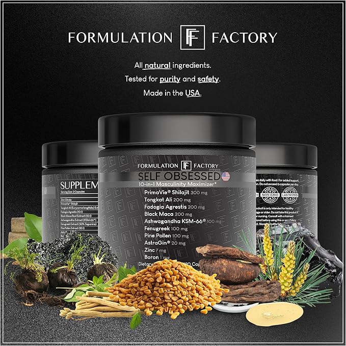 Formulation Factory Self Obsessed MAXXED 10-in-1 Men’s Vitality Supplement with Shilajit, Tongkat Ali, Ashwagandha, Maca, Fadogia, Fenugreek, Zinc, Boron & AstraGin® – 2 Month (Pack of 1)