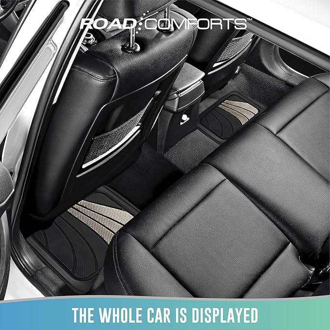 Road Comforts Car Floor Mats Full Set – Front & Rear Car Floor Mats with Aluminum Design, Anti-Slip Backing, All-Weather Protection, Trim-to-Fit Car Mats for Most Sedans, SUVs & Vans - Grey