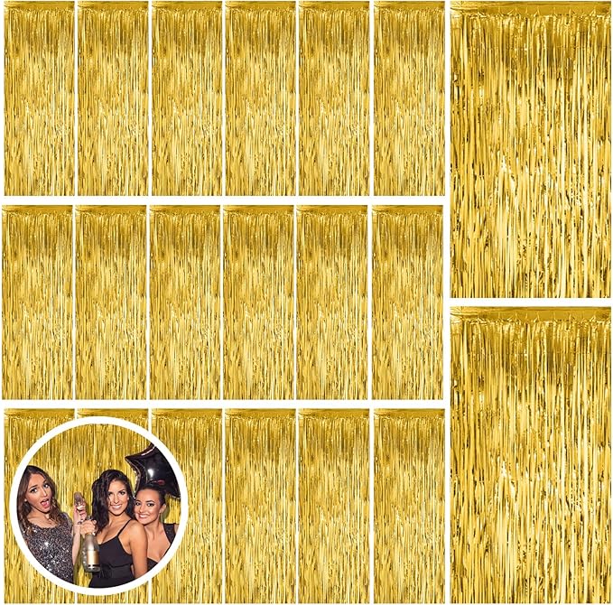 20 Pack Gold Fringe Curtain Backdrop Tinsel Streamers Birthday Party Decorations Christmas Photo Booth Backdrop Halloween New Year Graduation Baby Shower Theme Party Decorations