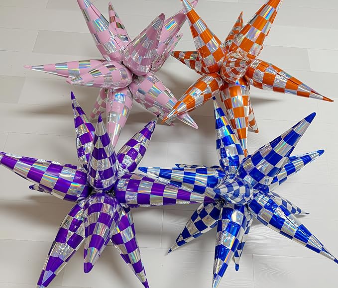 2 * 12 Pcs Blue Silver Iridescent Checkered Star Foil Balloons/Race Car Party/Talla*dega Nights 1st Birthday/Outer Space Galaxy Theme/Las Vegas Casino Bar Party/Father's Day(2Pcs Blue laser)