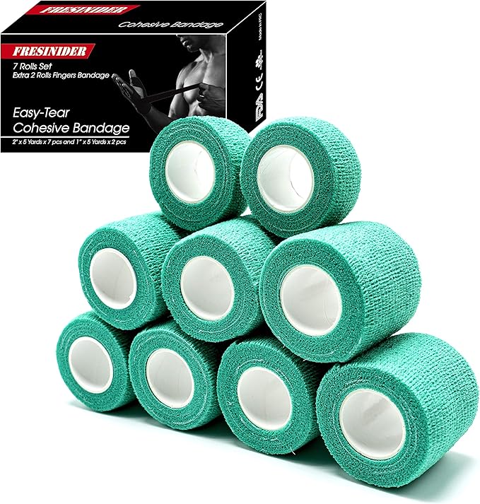 FRESINIDER 9 Rolls Self Adhesive Wrap Athletic Tape Gauze, Breathable Elastic Cohesive Bandage for Sports Injury & Pet (7 Pcs 2" x 5 Yards + 2 Pcs 1" X 5 Yards) (Green)