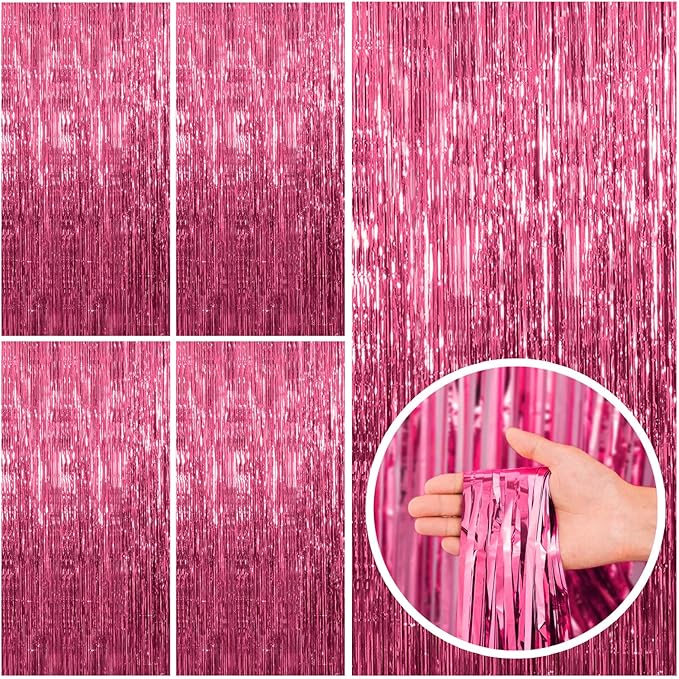 BOMSI 5 Pack Pink Tinsel Curtain Party Backdrop Foil Fringe Birthday Photo Booth Streamer Backdrop Theme Decorations
