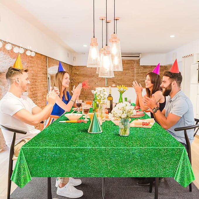 Just Shimmer Sparkling Holographic Laser Tablecloth - Shimmering, Waterproof, Easy to Clean - Ideal for Bachelorette, Birthday, Wedding, and Anniversary Party Decorations (Green & Gold & Silver, 3)