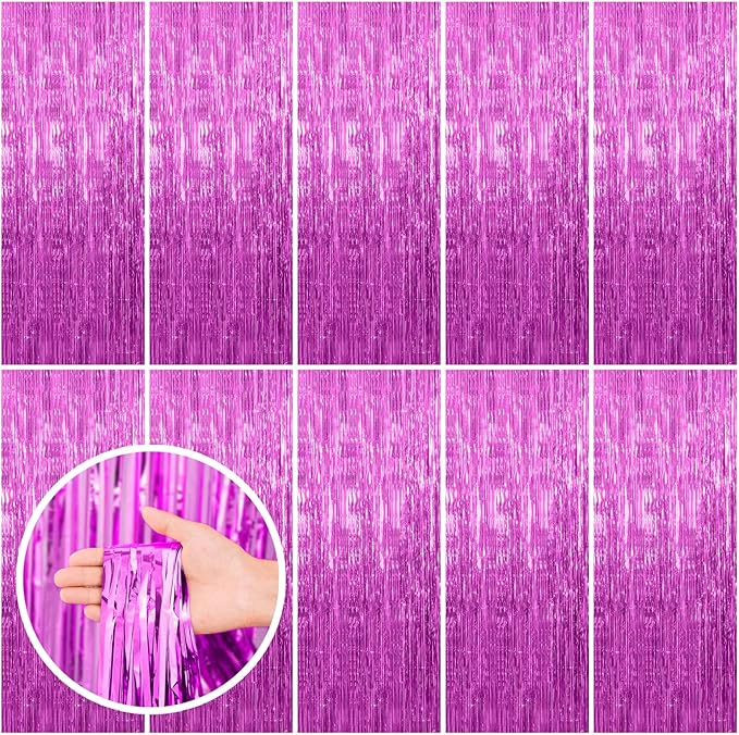 BOMSI 10 Pack Hot Pink Party Decorations Tinsel Curtain Streamers Foil Fringe Photo Booth Backdrop