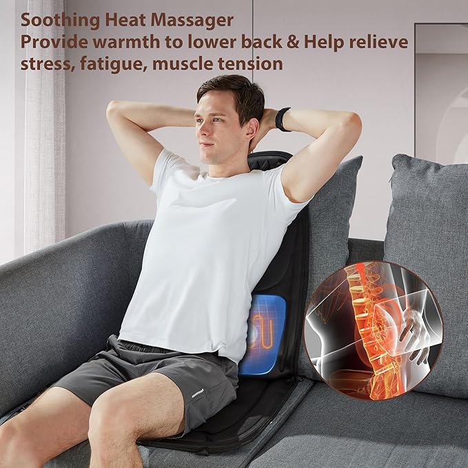 Back Massager with Heat, Massage Seat Cushion with 3D Lumbar Support, 8 Vibrating Motors Massager Chair Pad for Full Body Pain Relief, Ideal Gift for Christmas/Lover/Parents/Friends