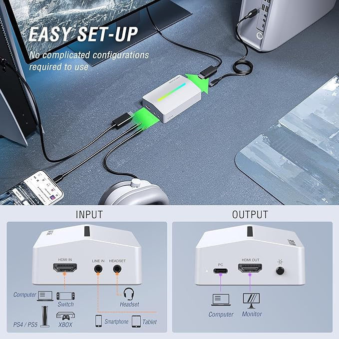 Fifine AmpliGame Gaming Capture Card USB 4K HDMI, 1080P Audio Video Capture Card for OBS Streaming with RGB, HDMI in/Out Compatible for Switch/XBOX/PS5/Computer-V3 White