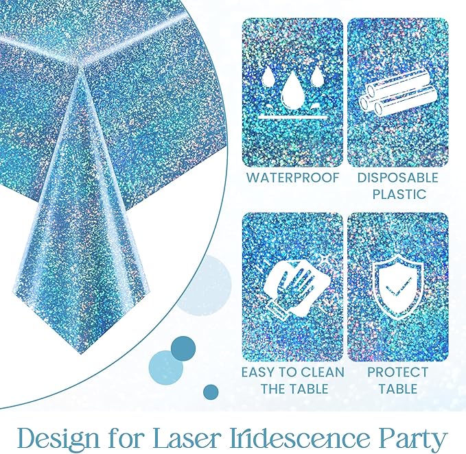 Just Shimmer Sparkling Holographic Laser Tablecloth - Shimmering, Waterproof, Easy to Clean - Ideal for Bachelorette, Birthday, Wedding, and Anniversary Party Decorations (Light Blue & Gold, 2)