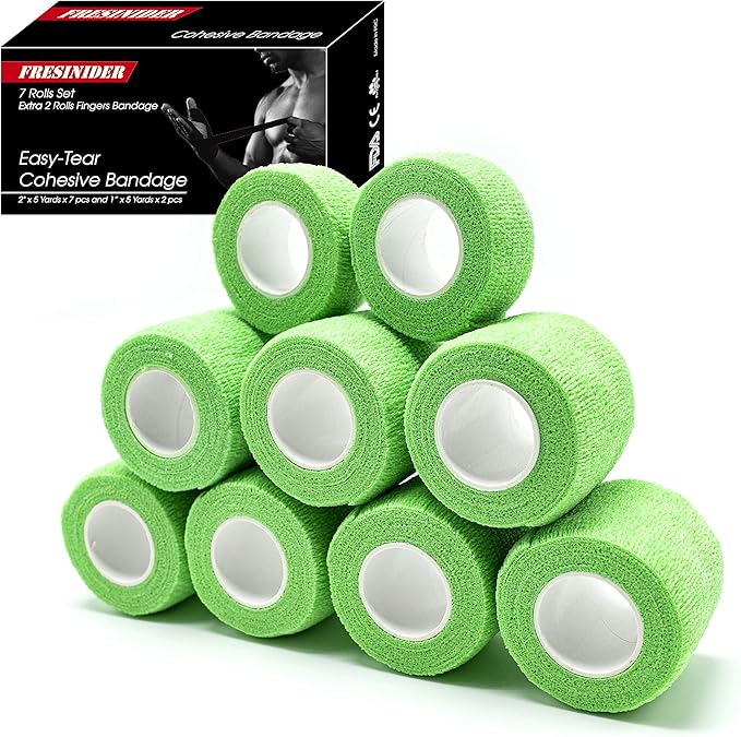 FRESINIDER 9 Rolls Self Adhesive Wrap Athletic Tape Gauze, Breathable Elastic Cohesive Bandage for Sports Injury & Pet (7 Pcs 2" x 5 Yards + 2 Pcs 1" X 5 Yards) (Fluorescent Green)