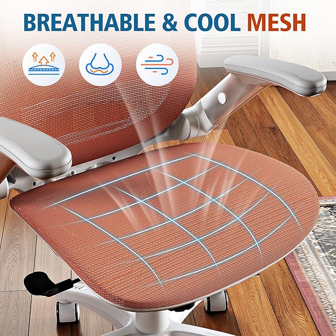 GABRYLLY Ergonomic Office Chair, High Back Home Desk Chair with Headrest, Flip-Up Arms, 90-120° Tilt Lock and Wide Cushion, 400LBS Mesh Chairs for Man Woman, White Task Chair(Orange,GY01WOR)