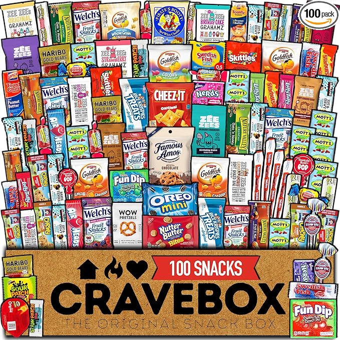 CRAVEBOX Snack Box (100 Count) Valentines Variety Pack Care Package Gift Basket Adult Kid Guy Girl Women Men Birthday College Student Office College Back to School